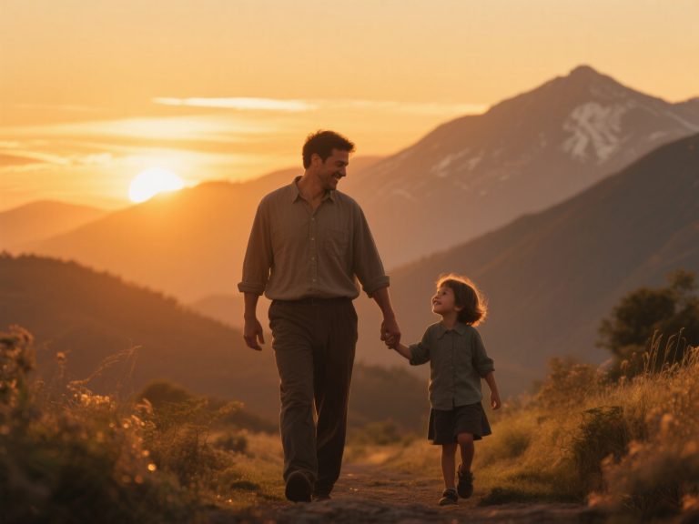 jimeng-2025-05-23-920-Father and child walking in sunset, warm golden light, mountain silhouette bac..